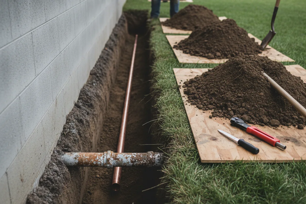 Excavated water line trench during Water Softener Installation in Michigan City